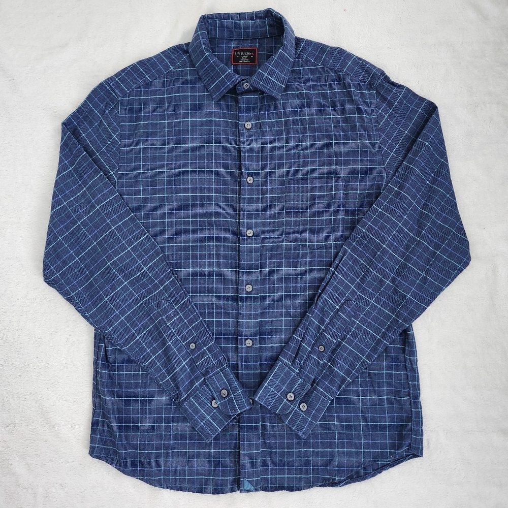 UNTUCKit Men's Blue Slim Fit Grid Checkered Flannel Cotton Button Down Shirt Lrg